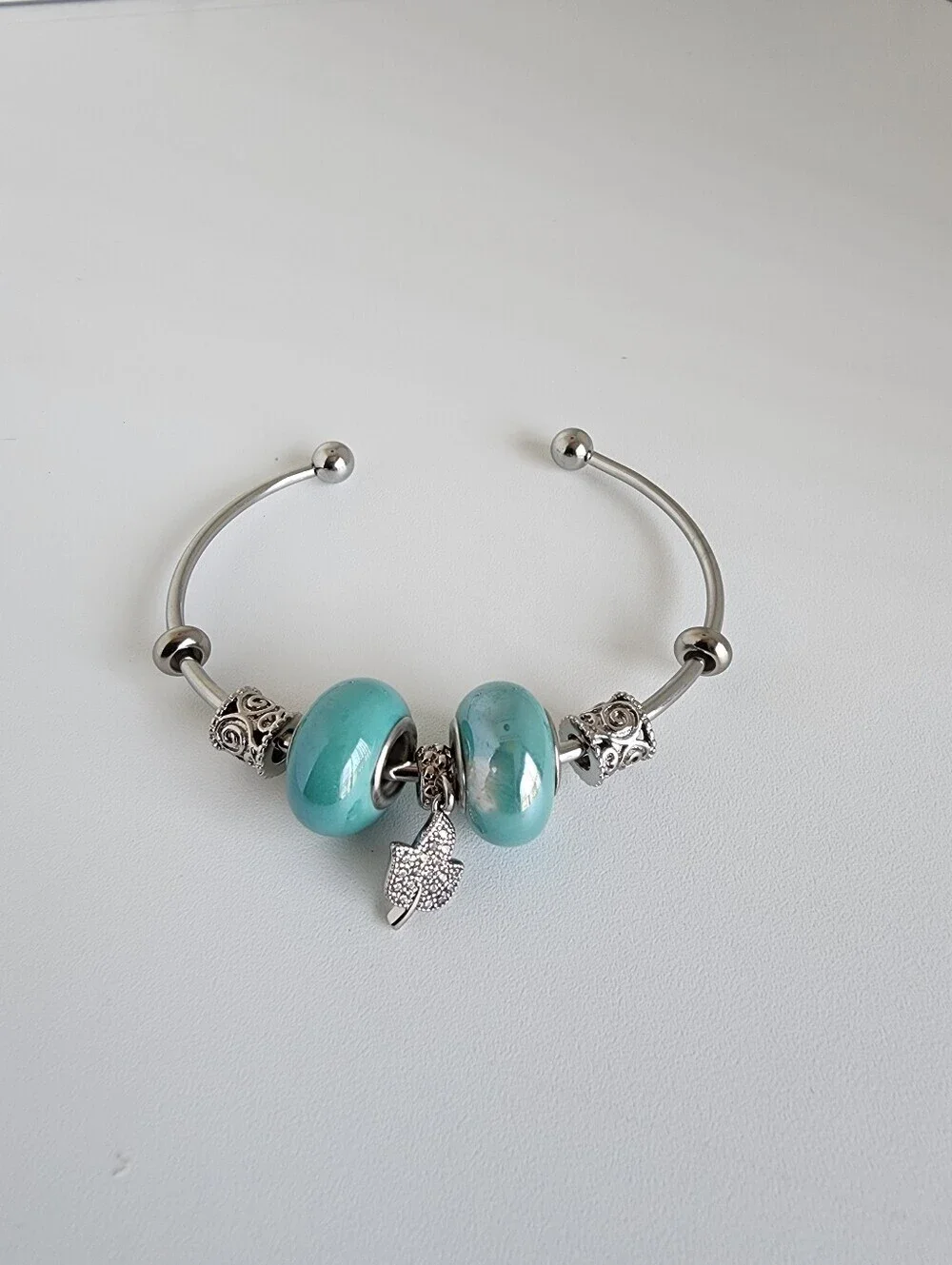 Silver Tone Charm Cuff Bracelet Turquoise Beads Butterfly Dangle Adjustable